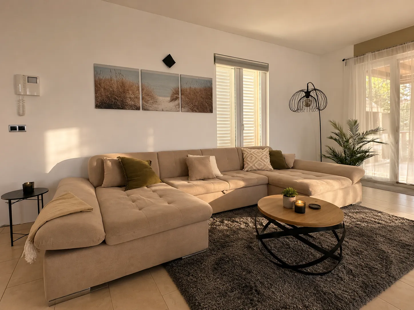 Bright living room with comfortable sofa